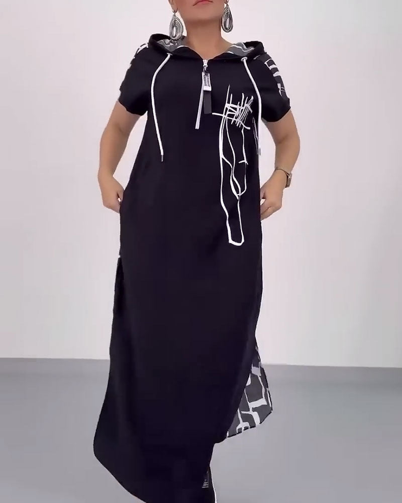 Damen nan urbanes Kapuzen‑Kaftankleid in lockerem Fall mit kurzärmeligem Schnitt und abstraktem Grafikmuster Drune