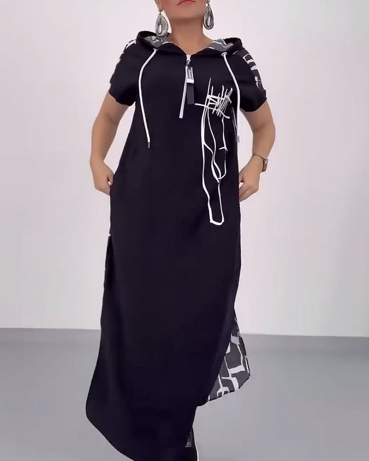 Damen nan urbanes Kapuzen‑Kaftankleid in lockerem Fall mit kurzärmeligem Schnitt und abstraktem Grafikmuster Drune