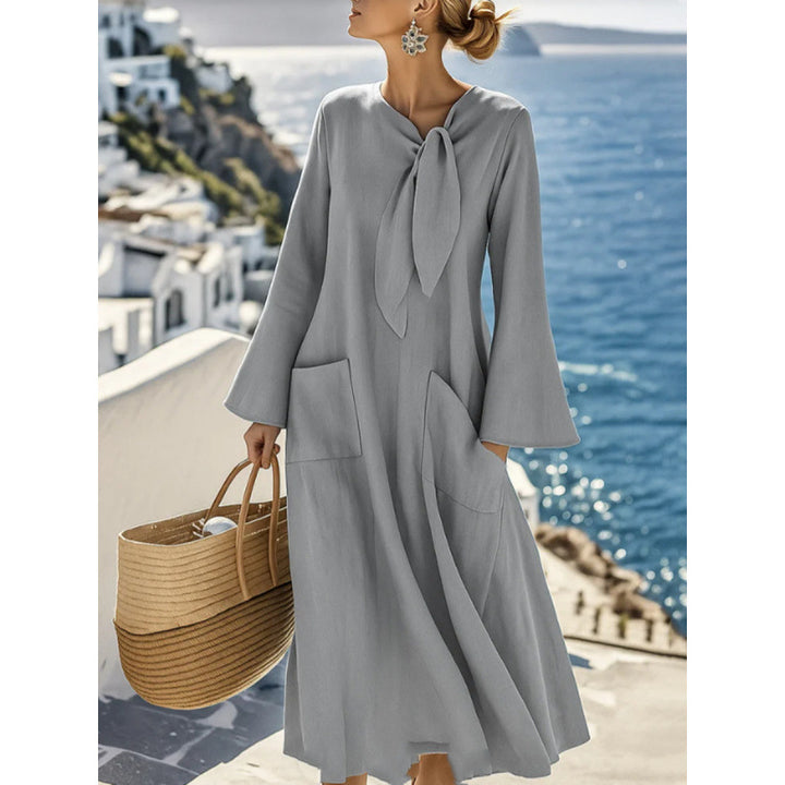 Damen Leichtes Maxikleid mit Bindeschleife, Glockenärmeln und aufgesetzten Taschen Drune