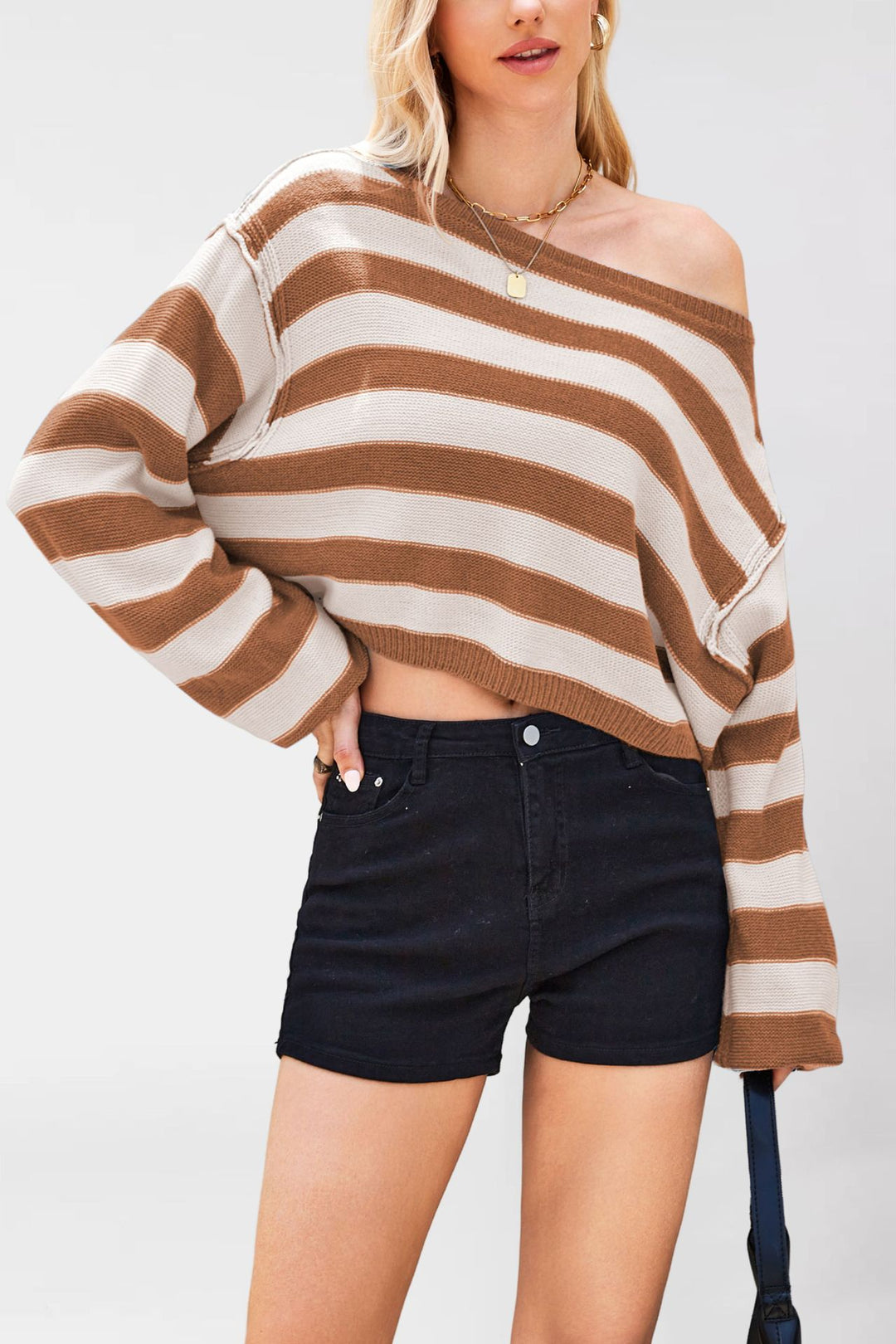 Damen lässiger gestreifter Pullover im cropped Schnitt Drune