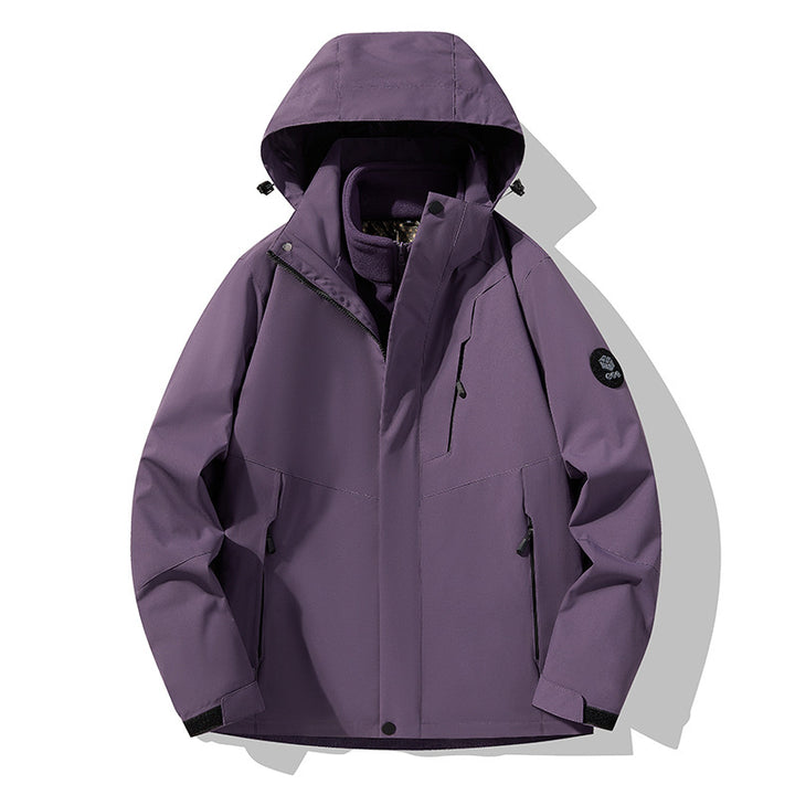 Herren dreilagige atmungsaktive Softshell-Trekkingjacke mit integriertem Fleecekragen und verstellbarer Kapuze Drune