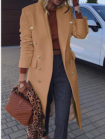 Damen Eleganter Langmantel mit doppelter Knopfreihe und goldenen Akzenten Drune