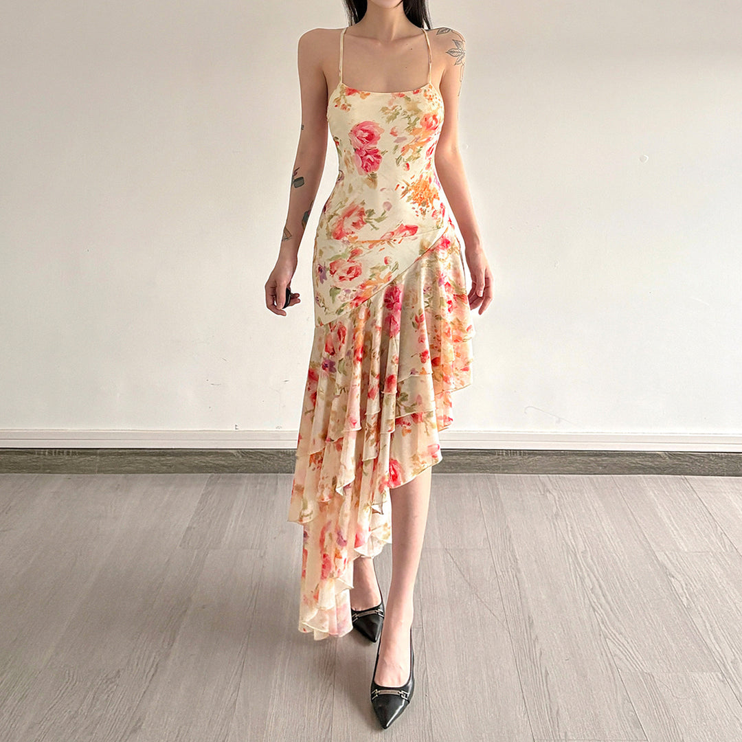 Damen florales Maxikleid mit Rüschendetails Drune