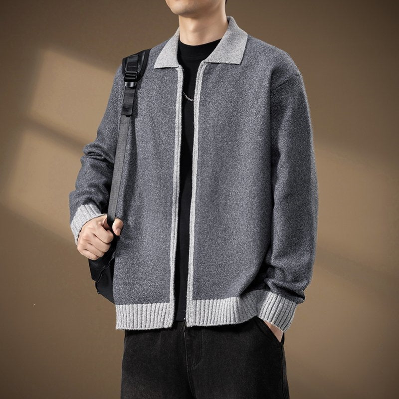 Herren Strickjacke mit durchgehendem Reißverschluss und kontrastgeripptem Saum Drune