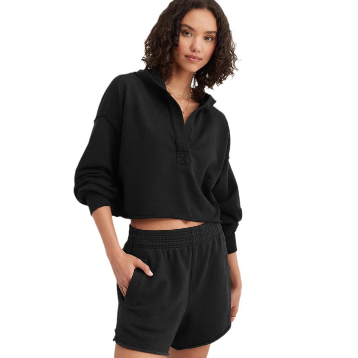 Damen Oversize Kapuzenpullover mit tiefem V-Ausschnitt, offener Knopfleiste und rohem Saum Drune