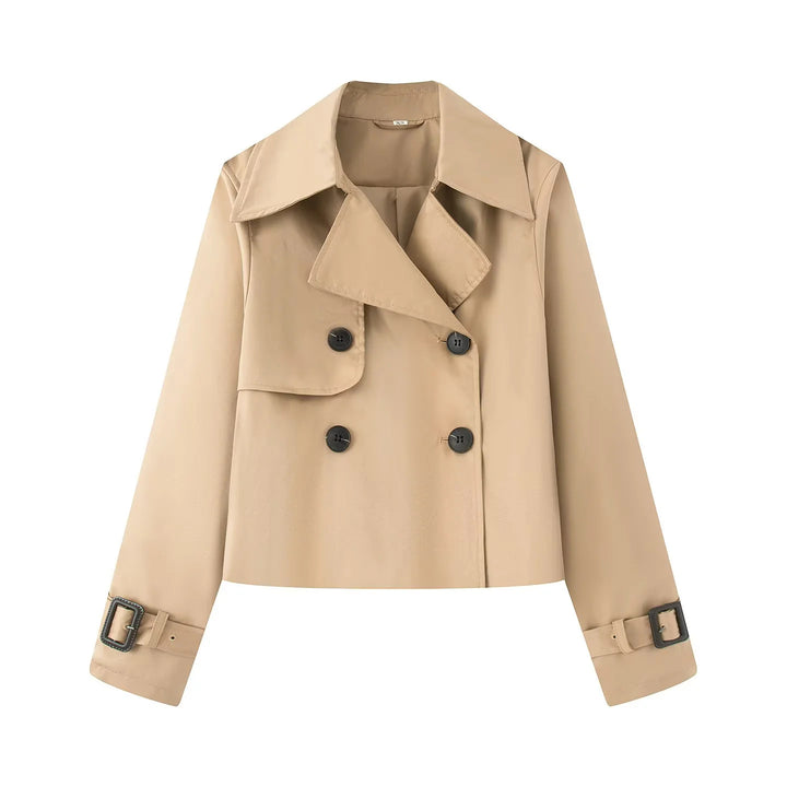 Damen nan kurz geschnittener Cropped Trenchcoat mit doppelreihiger Knopfleiste und verstellbaren Ärmelriemen Drune