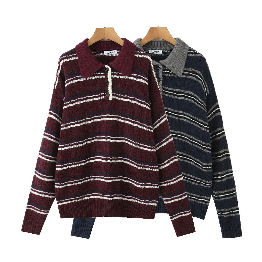 Damen Gestreifter Strickpullover mit Polokragen und oversize Ärmeln Drune