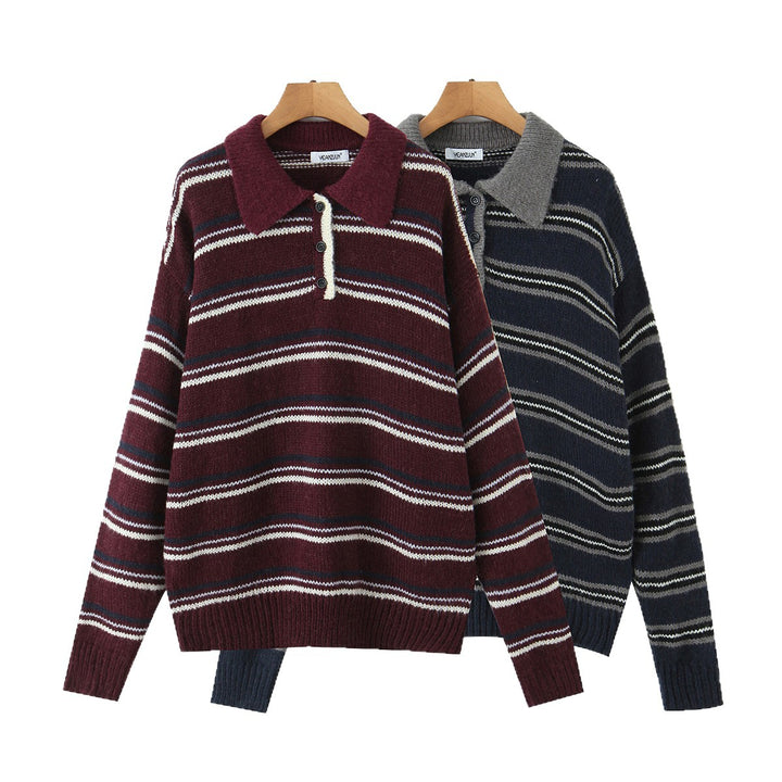 Damen Gestreifter Strickpullover mit Polokragen und oversize Ärmeln Drune