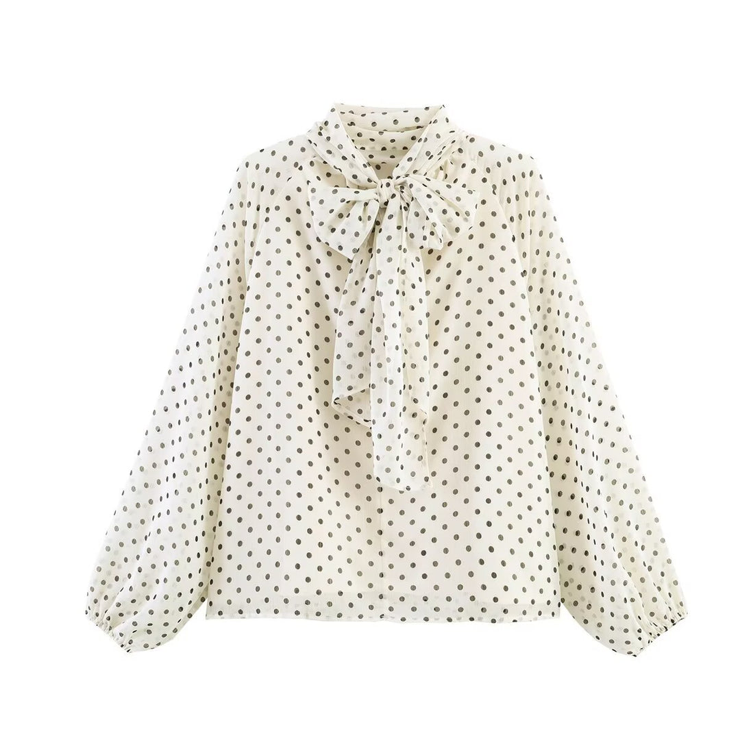 Damen 50+ seidenähnliche Polka‑Dot Schlupfbluse mit Schleifenkragen und Ballonärmeln Drune
