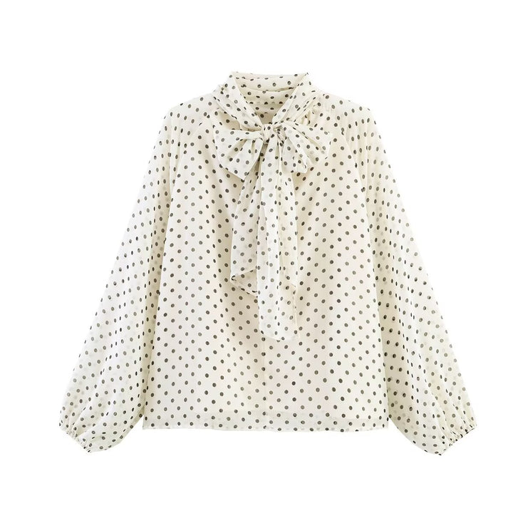 Damen 50+ seidenähnliche Polka‑Dot Schlupfbluse mit Schleifenkragen und Ballonärmeln Drune