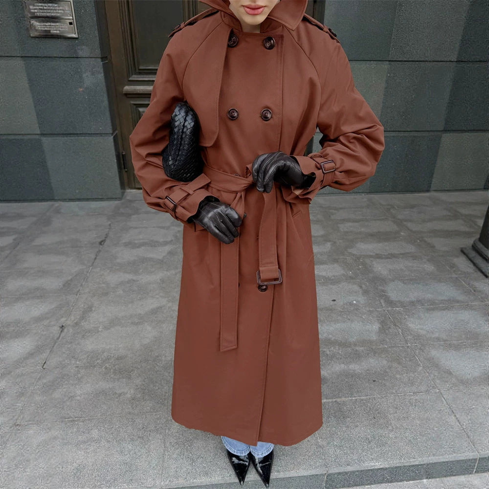 Damen Lang geschnittener wasserabweisender Trenchcoat mit hohem Stehkragen und Taillengürtel Drune