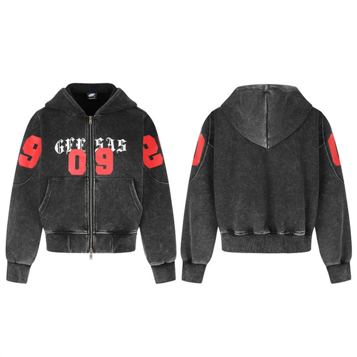 Damen Kurz geschnittene Vintage-Wasch Kapuzen‑Zipjacke mit Gothic‑Print und Nummernprint Drune
