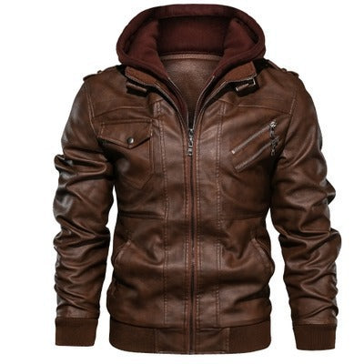 Herren Lederimitat-Fieldblouson mit innenliegendem Hoodie, Reißverschluss-Brusttaschen und Rippbündchen Drune
