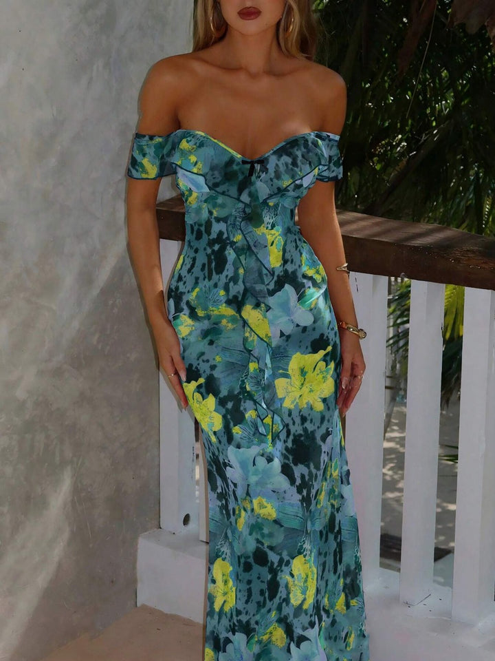 Damen Off-Shoulder Maxikleid mit floralem Muster und Rüschendetails Drune