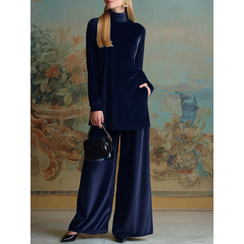 Damen Oversize-Samt-Set mit Rollkragen und weitem Palazzohose Drune