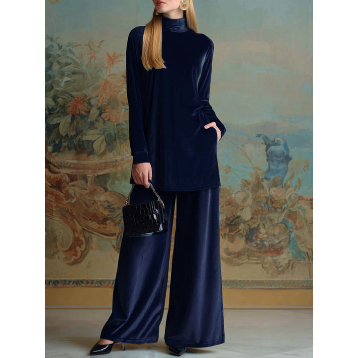 Damen Oversize-Samt-Set mit Rollkragen und weitem Palazzohose Drune