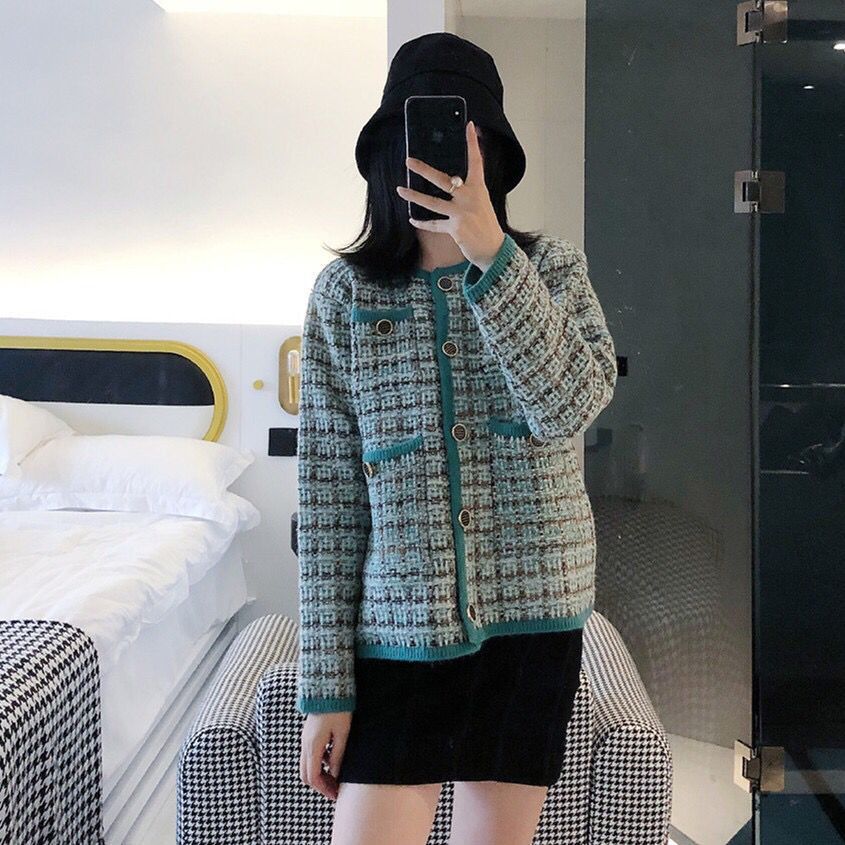 Damen elegante Tweedjacke mit dekorativen Knöpfen und Taschen Drune