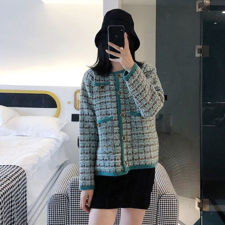 Damen elegante Tweedjacke mit dekorativen Knöpfen und Taschen Drune