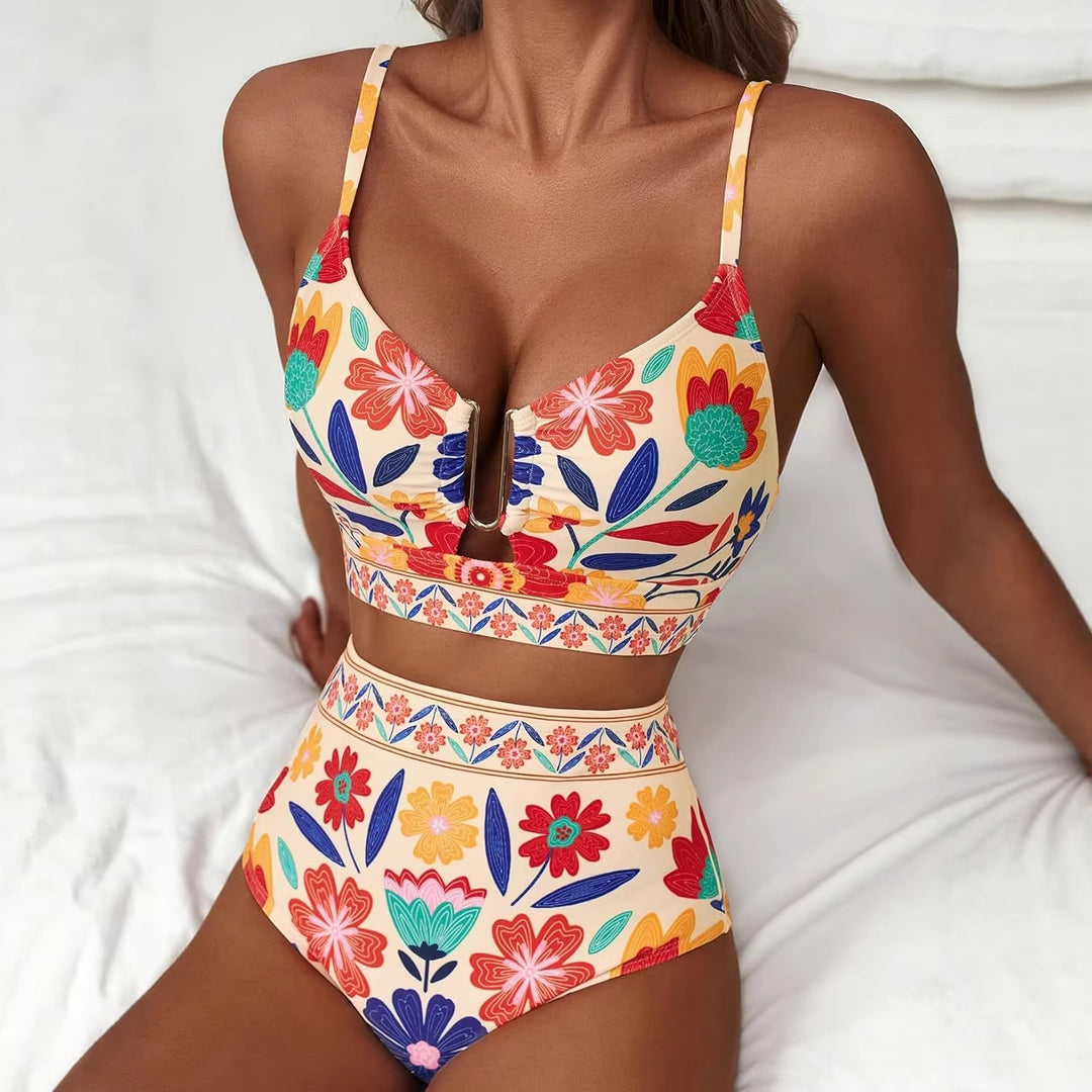Damen Hoch geschnittener Bikini mit floralem Muster und Leo-Print Drune