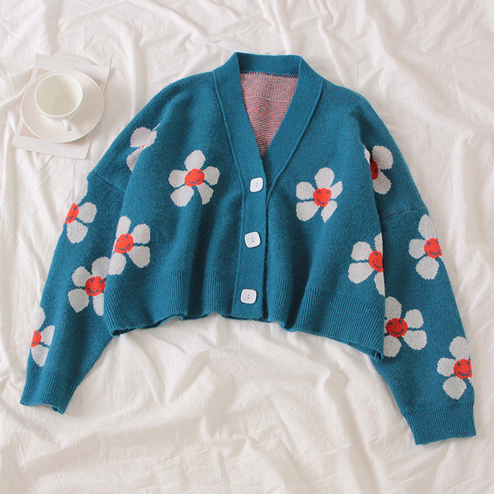Damen Gemusterter Knopfcardigan mit Blumenmotiv Drune