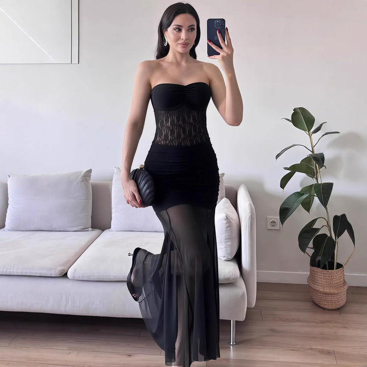 Damen Elegantes bodenlanges Kleid mit Spitzenakzenten Drune