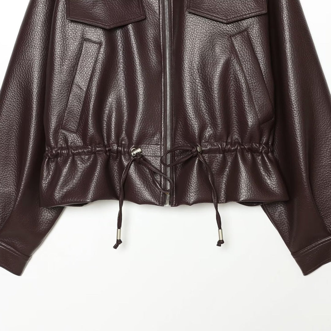 Damen Cropped Kunstlederblouson mit hohem Stehkragen, Pattentaschen und Tunnelzug Drune