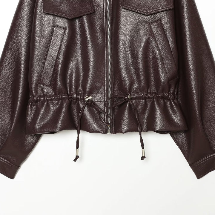 Damen Cropped Kunstlederblouson mit hohem Stehkragen, Pattentaschen und Tunnelzug Drune