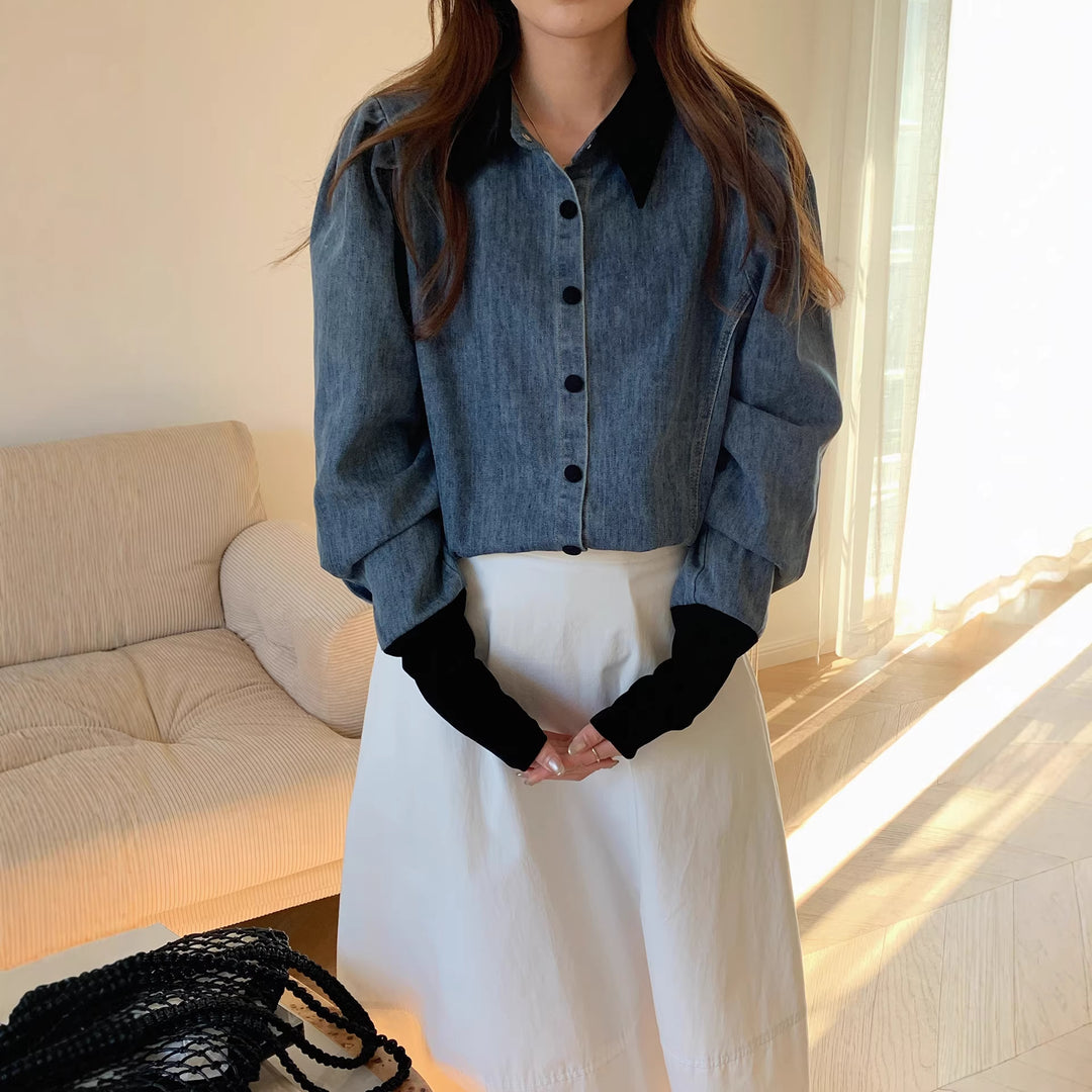 Damen Denimbluse mit Elegantem Kragen Drune