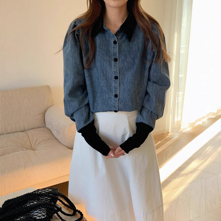 Damen Denimbluse mit Elegantem Kragen Drune