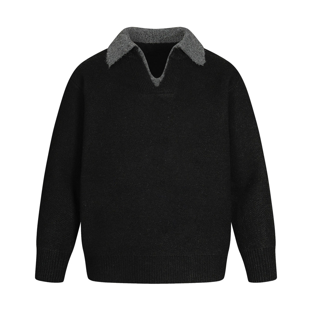 Damen Oversize Wollmix-Pullover mit kontrastpolokragen und V‑Ausschnitt Drune