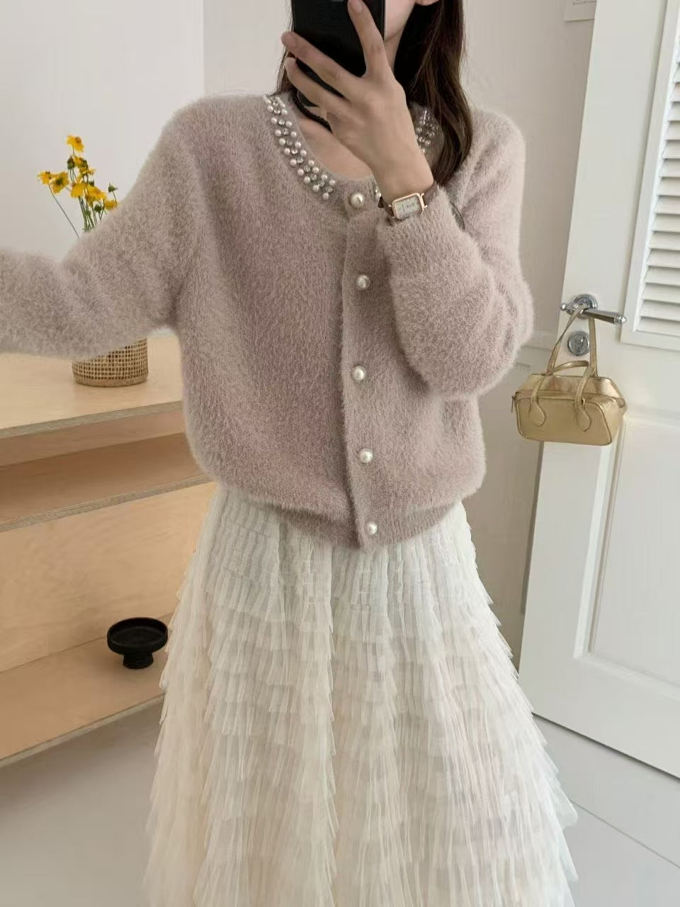 Damen Kuschelige Cardigan mit Perlen-Dekor Drune