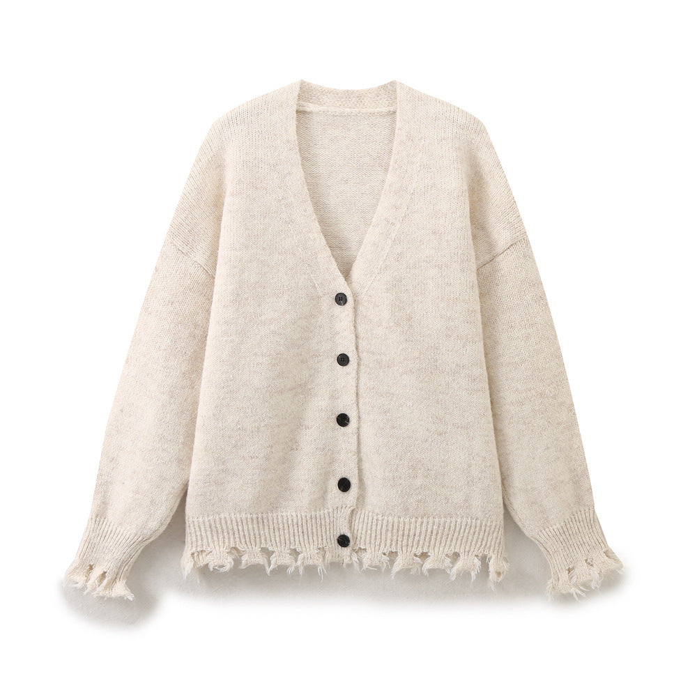 Damen lässige Strickjacke mit fransigem Saum und knöpfbarem Verschluss Drune