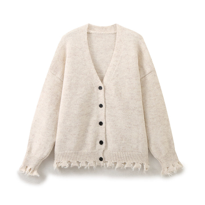 Damen lässige Strickjacke mit fransigem Saum und knöpfbarem Verschluss Drune
