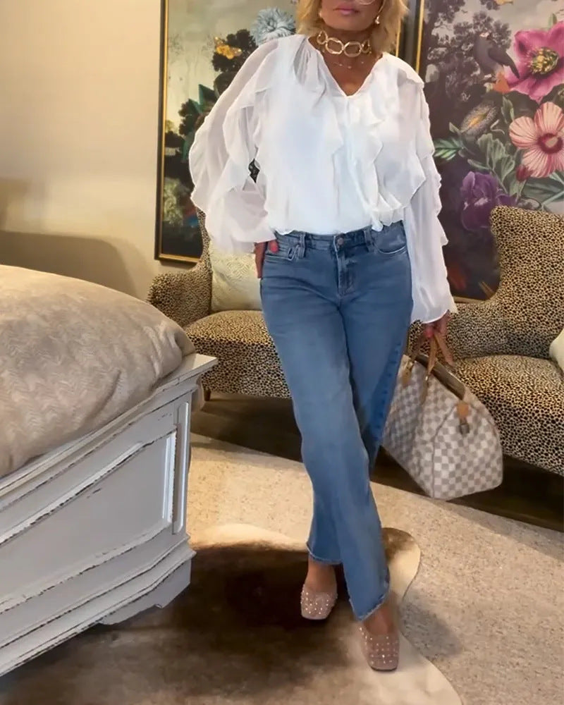 Damen nan semitransparente Lagenvolant-Bluse aus Chiffon mit Ballonärmeln und verdeckter Knopfleiste Drune