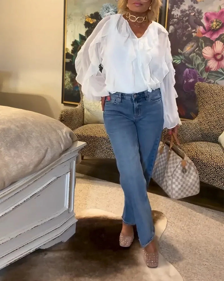 Damen nan semitransparente Lagenvolant-Bluse aus Chiffon mit Ballonärmeln und verdeckter Knopfleiste Drune