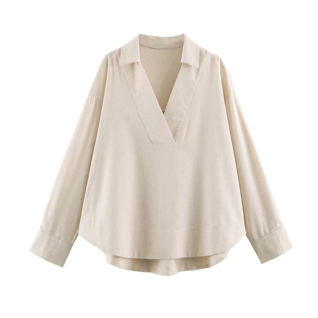 Damen Oversize Leinen-Mix Bluse mit tiefem V-Ausschnitt und Hemdkragen Drune