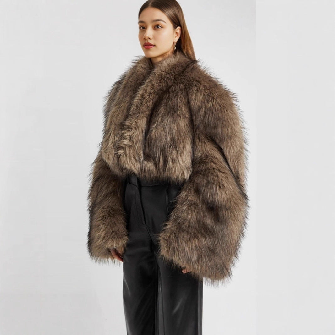 Damen Kurze voluminöse Crop-Faux-Fur-Jacke mit verlängerten Ärmeln Drune