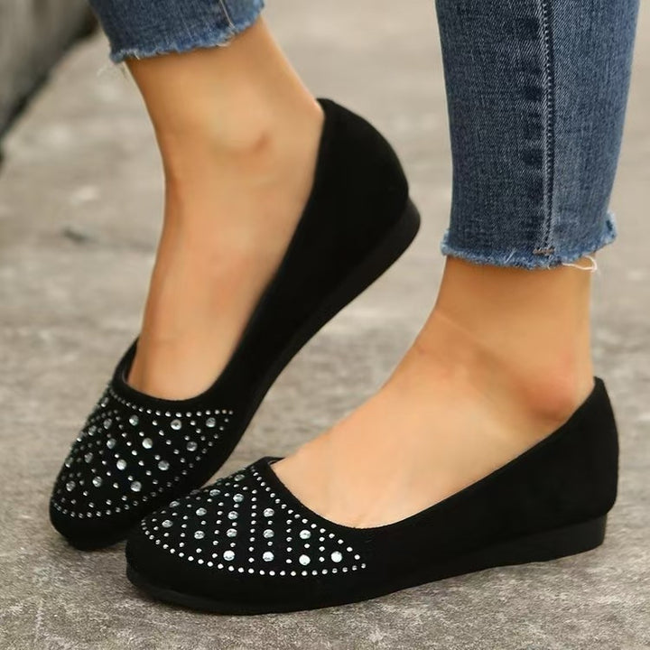 Damen nan flache Ballerina-Slipper aus Veloursimitat mit Strassapplikation und gepolsterter Komfortinnensohle Drune