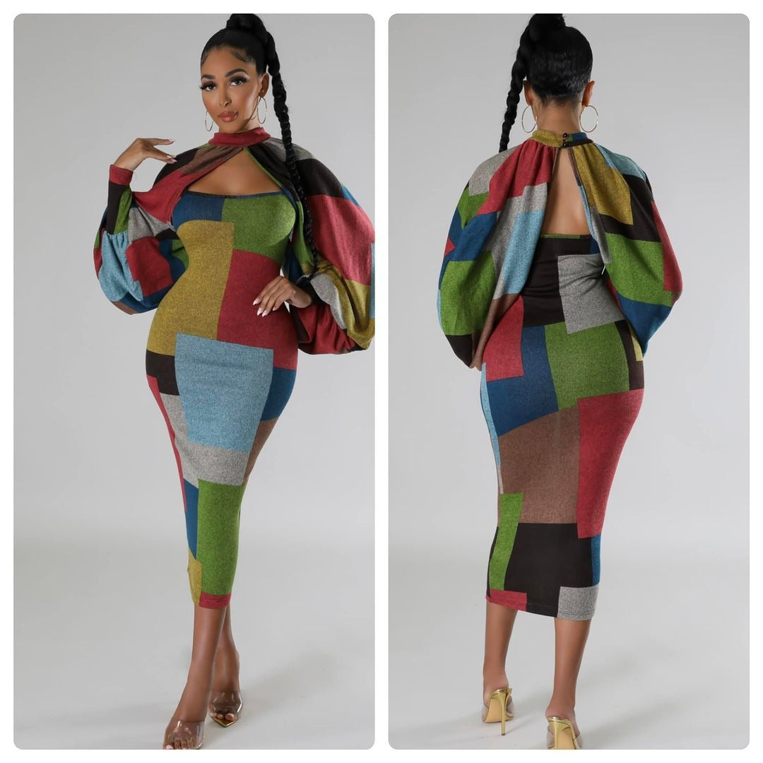 Damen Figurbetontes Patchwork-Kleid mit Überwurf Drune