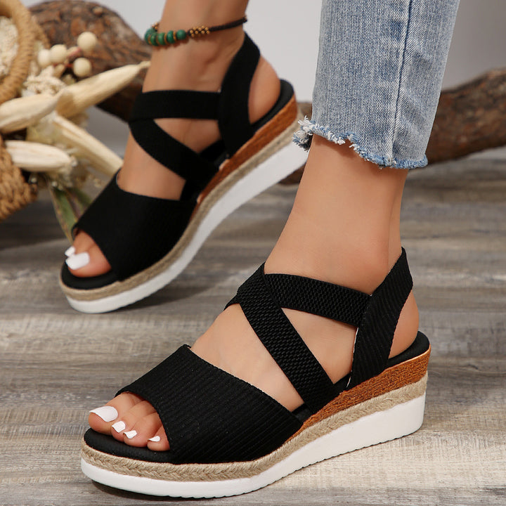 Damen Komfort-Keil-Sandalen mit elastischem Kreuzriemen und geflochtener Plateau-Sohle Drune