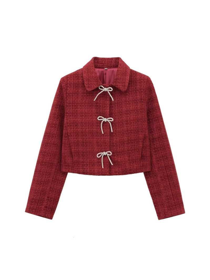 Damen Kurze Bouclé‑Tweed‑Jacke mit Peter‑Pan‑Kragen und dekorativen Schleifenverschlüssen Drune