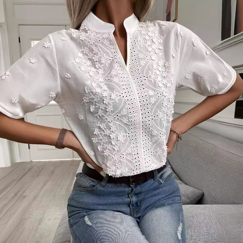 Damen Bluse mit floralen Stickereien und Knopfleiste Drune