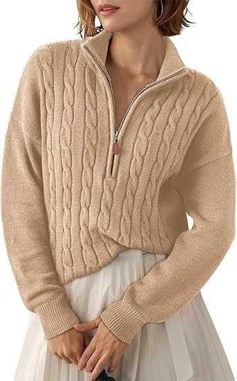 Damen Grobstrick Pullover mit Stehkragen und halbem Reißverschluss Drune