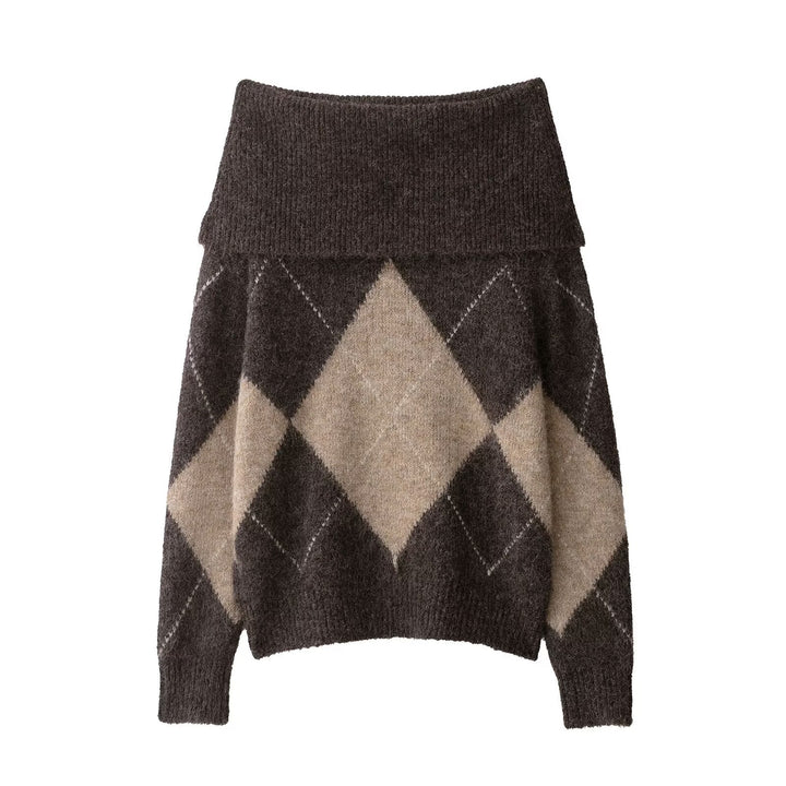 Damen 40+ weicher Mohair‑Mix Pullover mit weitem Rollkragen und Argyle‑Muster Drune