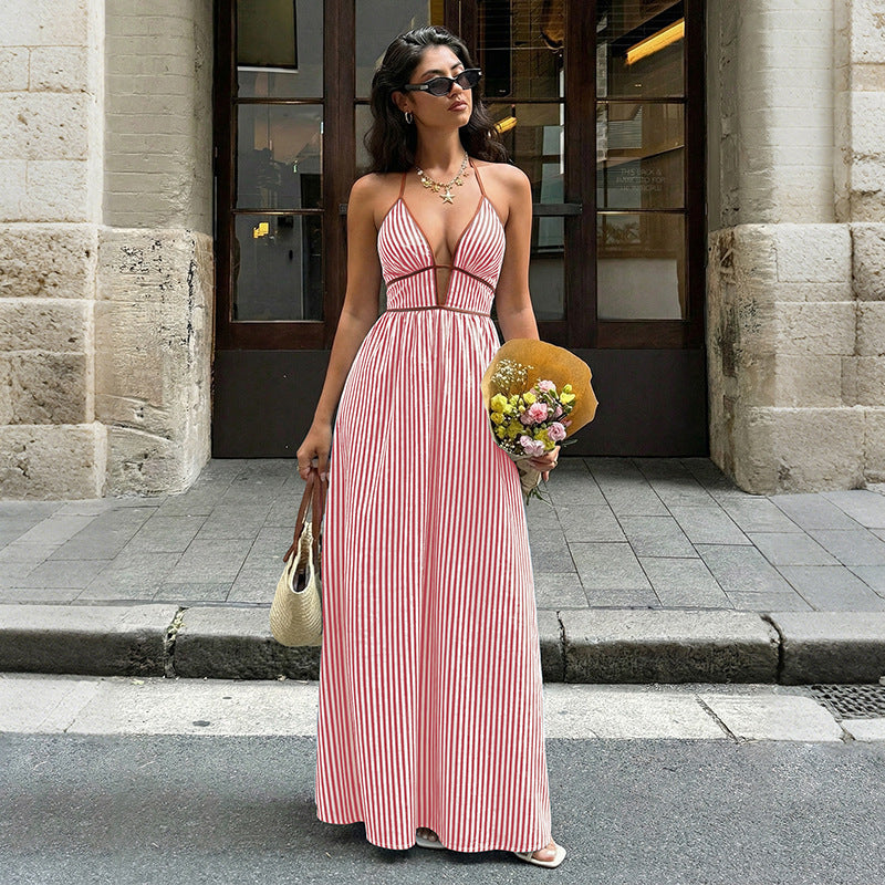 Damen Maxi-Kleid mit tiefem V-Ausschnitt und raffiniertem Streifenmuster Drune