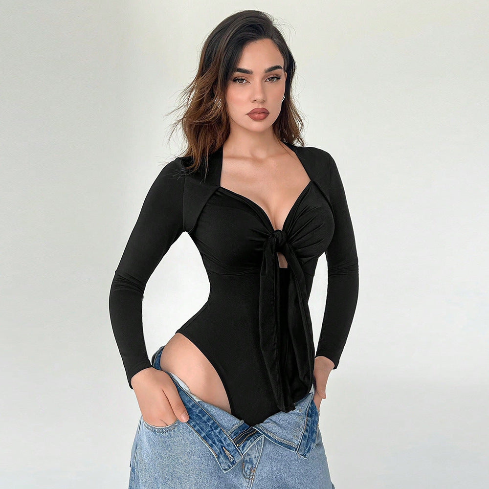 Damen figurbetonter Langarm-Bodysuit mit Knotenfront tiefem V-Ausschnitt und hochgeschnittenem Bein Drune