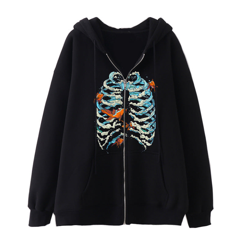 Damen nan Kapuzenjacke mit durchgehendem Reißverschluss und Rippenherz-Print Drune
