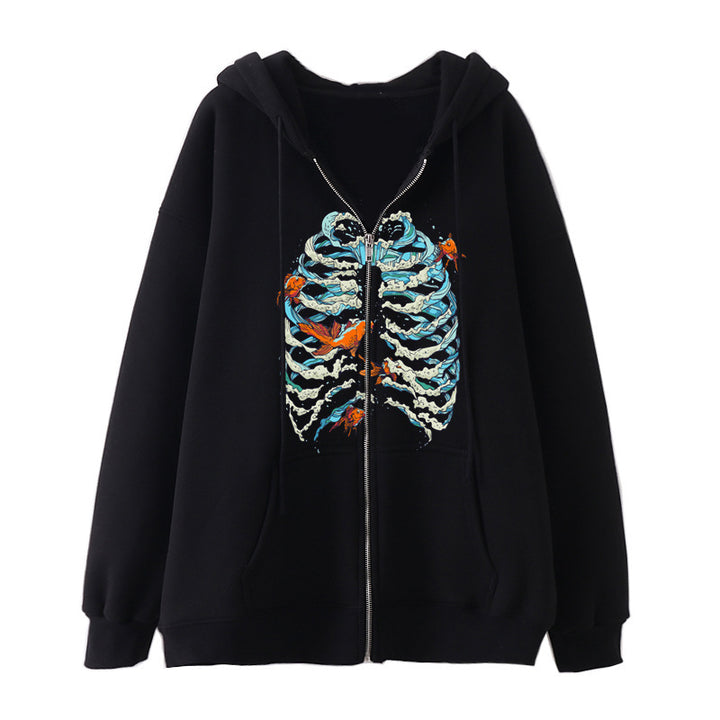 Damen nan Kapuzenjacke mit durchgehendem Reißverschluss und Rippenherz-Print Drune