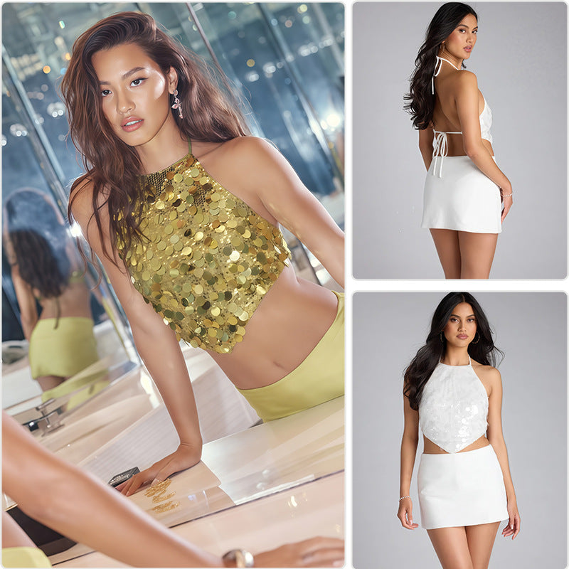 Damen Glamouröses Haltertop mit funkelnden Pailletten und elegantem Schnitt Drune
