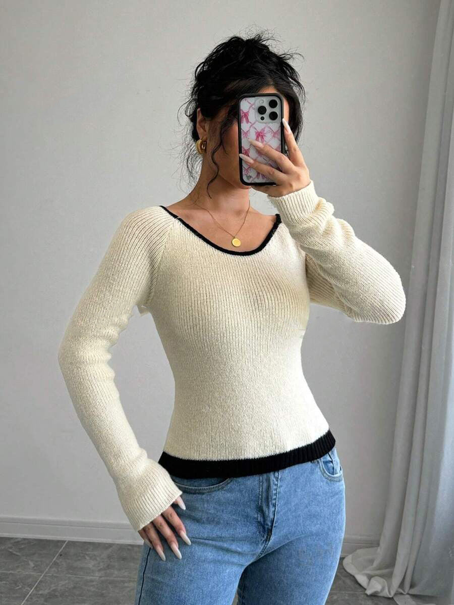 Damen Feinstrickpullover mit kontrastierendem Saum Drune